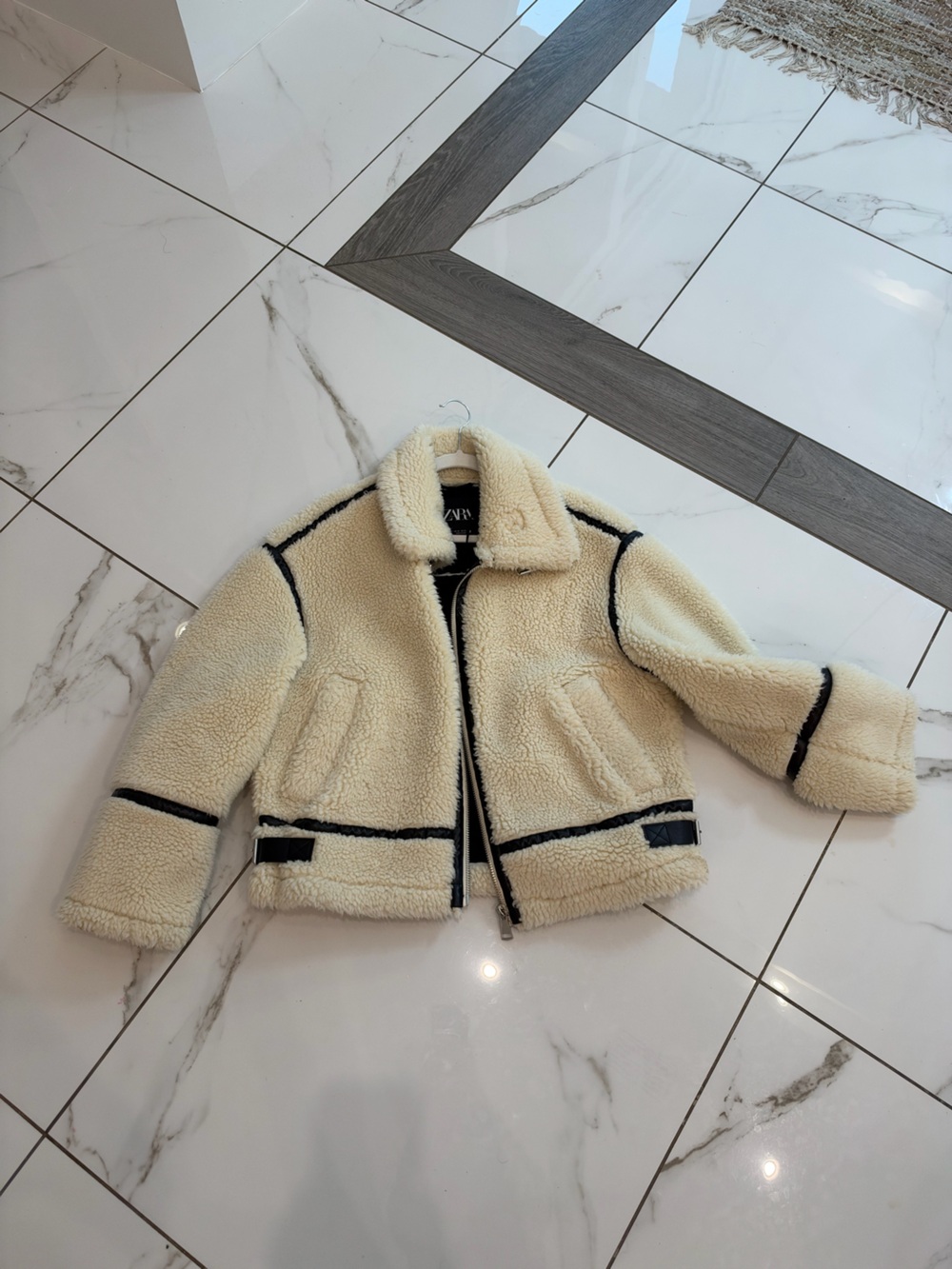 Zara ZW Collection Faux Shearling Biker Jacket Ecru Cream XS